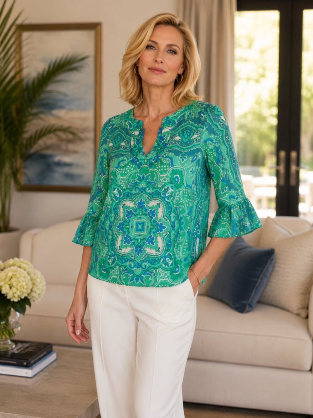 Silk Green and blue tunic blouse. Bell Sleeves. Calypso Christiane Celle Size M